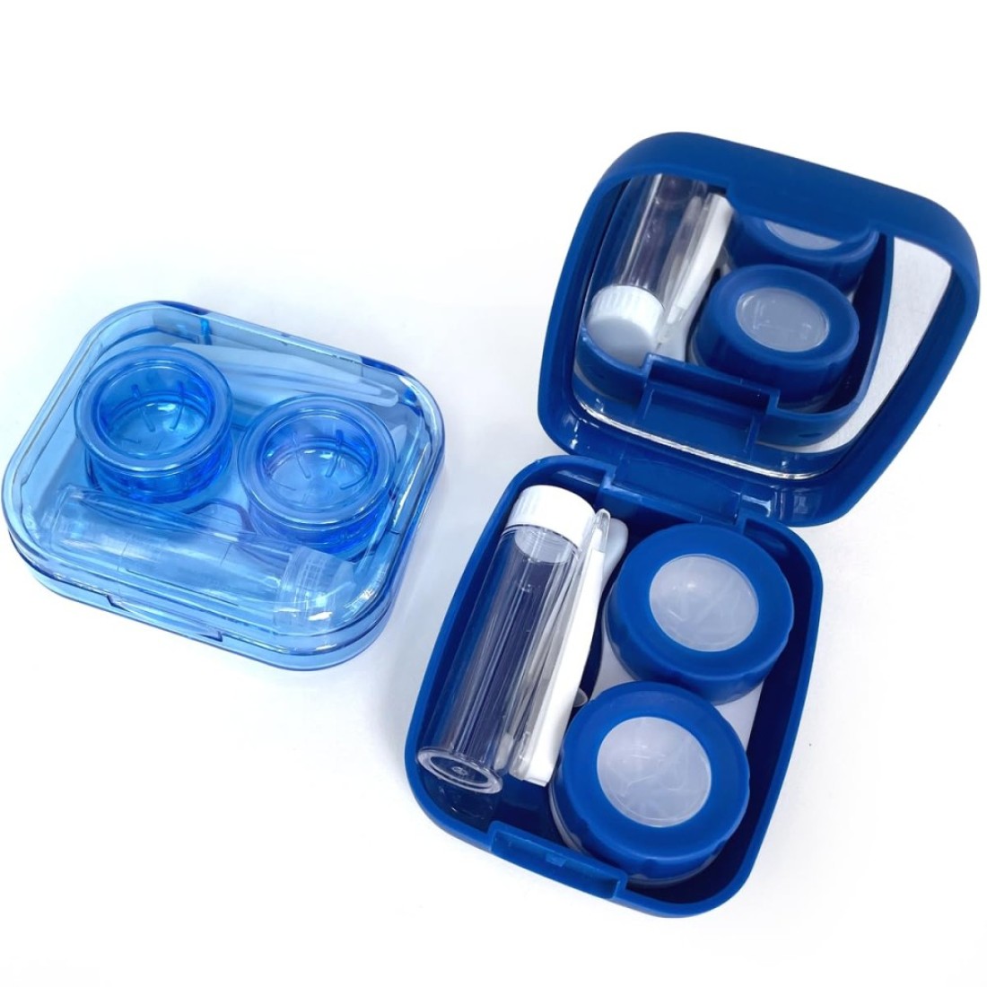 Fsunthmass Pack of 2 Portable Contact Lens Case Blue Scrub with MirrorBlue transparent LeakProof Contact Case Travel with Tweezers Remover Tool Solution Bottle for Travel Home