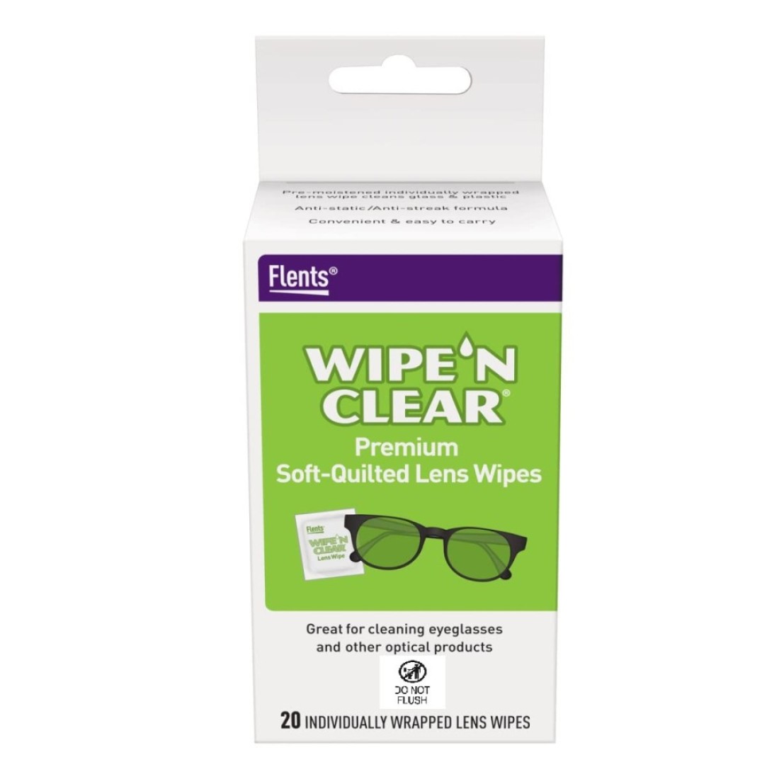 Flents Lens Wipes Wipe N Clear 20 Count PreMoistened StreakFree Safe for Glasses AntiFog Gentle Cleaning Clear Vision Individually Wrapped for Travel Convenience Made in the USA
