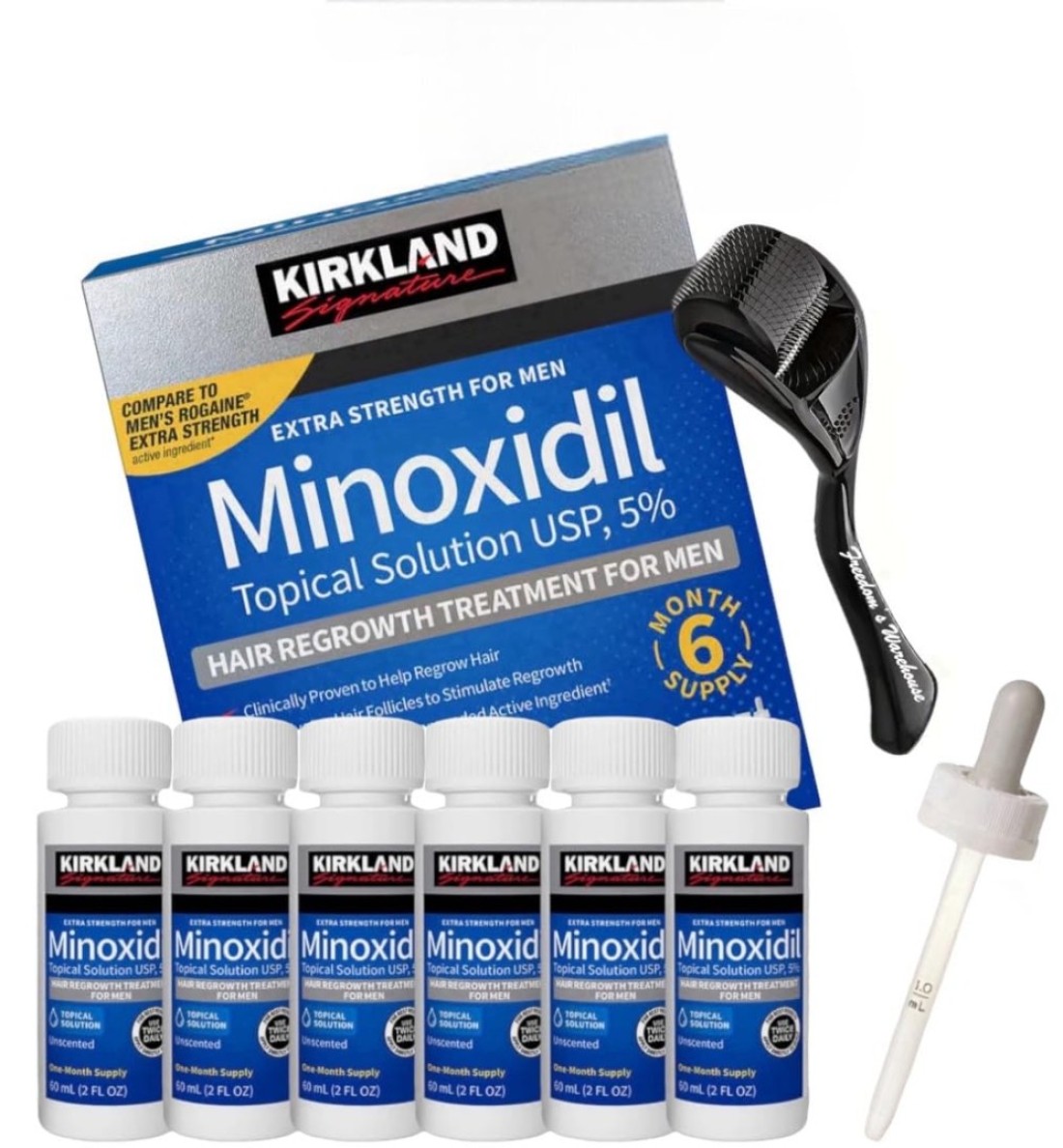 6 Pack Kirkland Minoxidil for Men Hair Regrowth Treatment Liquid Extra Strength 5 Topical Solution 6 Months Supply Dropper Applicator and Microneedle Roller Included Minoxidil Kirkland