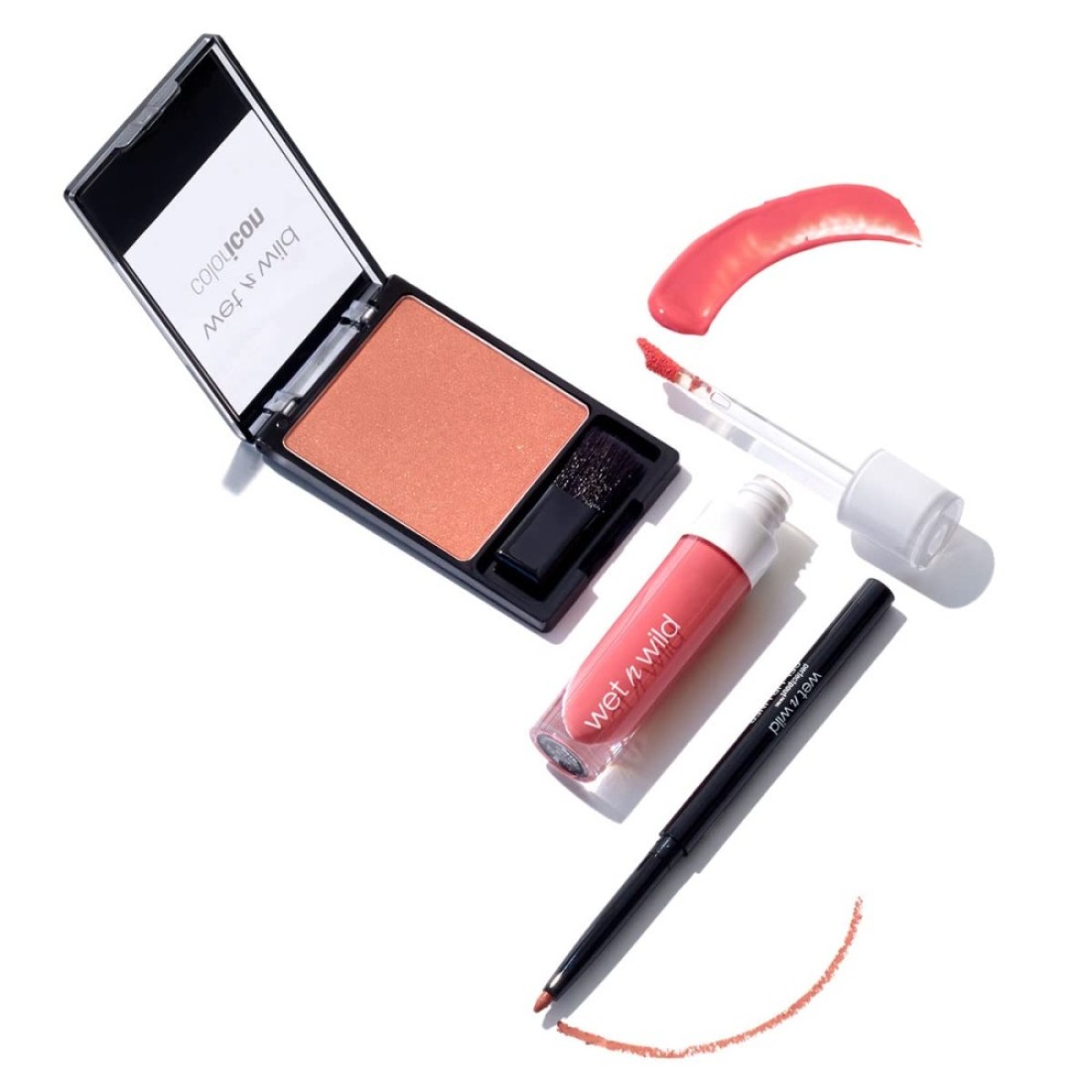 wet n wild Edit Makeup Set Peaches And Cream MegaLast Liquid Catsuit Peach Style Color Icon Blush Pearlescent Pink Perfect Pout Gel Lip Liner Think Flamingo