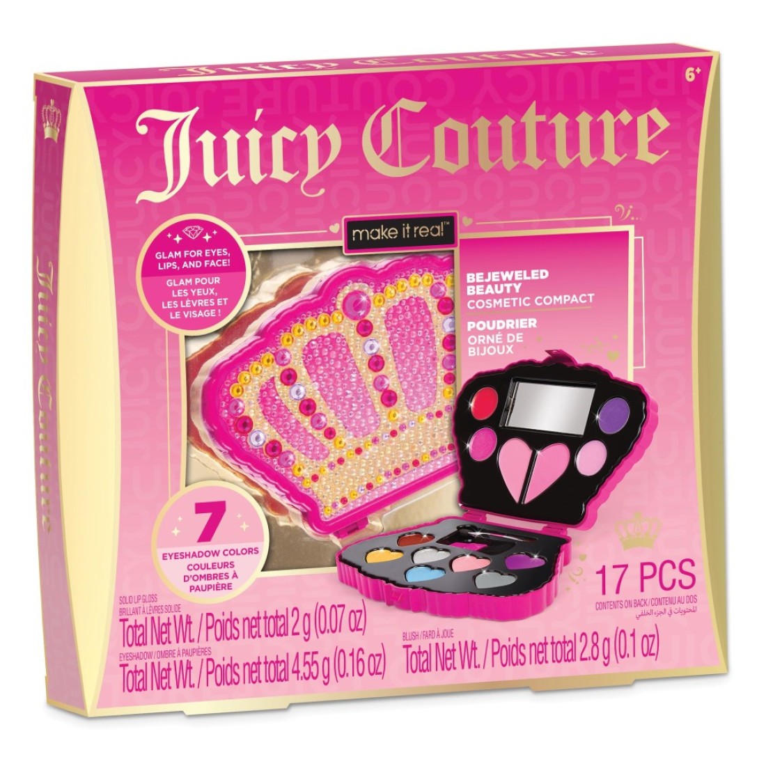 Make It Real Juicy Couture Bejeweled Beauty Cosmetic Compact Glam for Eyes Lips Face Crown Shaped Makeup Case Girls Kids Ages 6