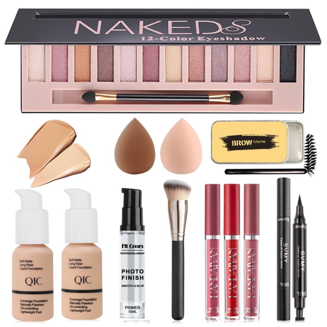 All in One Makeup KitIncludes 12 Colors Eyeshadow PaletteFoundationFace Primer Lipstick SetEyebrow Soap KitWinged Eyeliner StampWaterproof MascaraMakeup BrushMakeup SpongeGift Set for Women