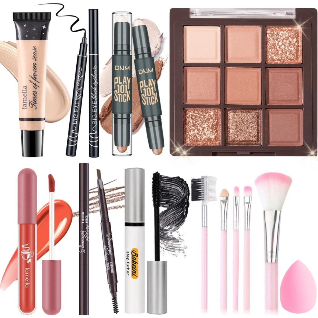 Makeup Set Kit for Women Girls Teens Makeup Present Set Includes 9 Color Eyeshadow Counter Stick Foundation Eyebrow Pencil Eyeliner Mascara Lip Gloss 5Pcs Brushes Sponge