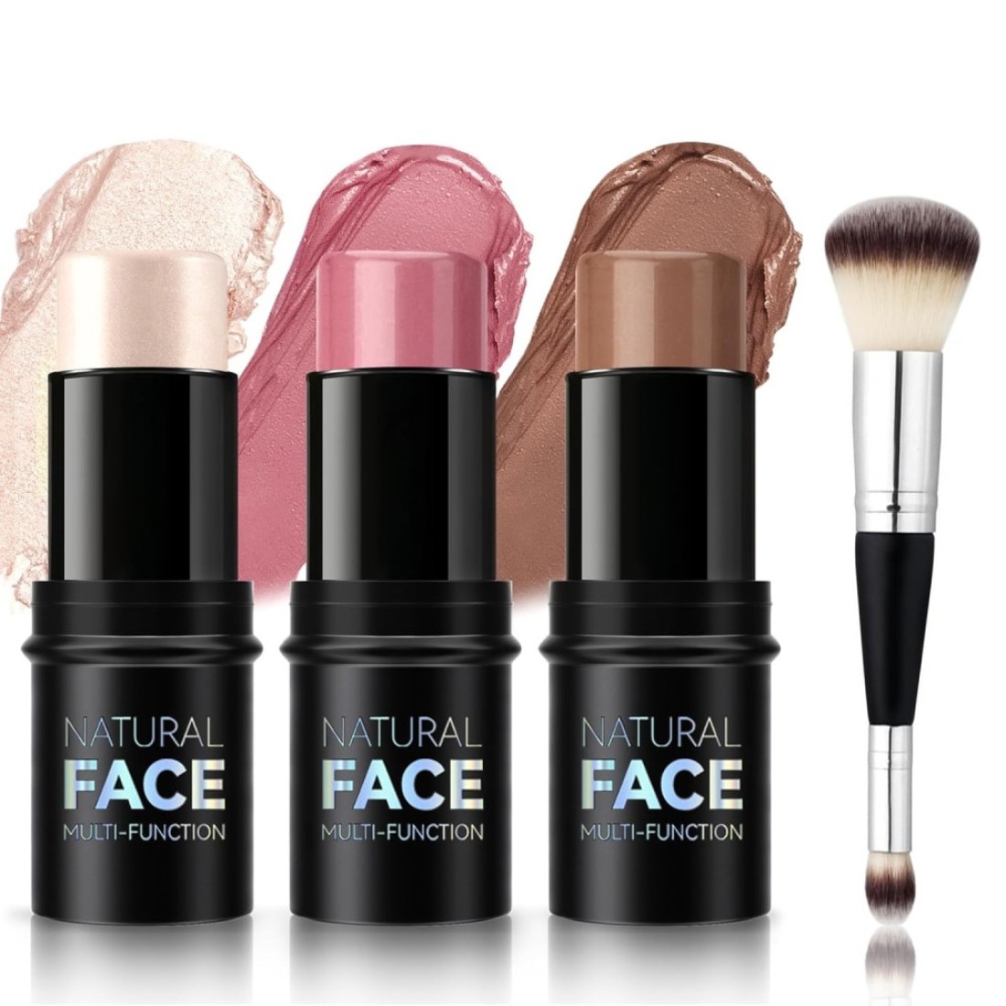3 Colors Cream Contour Highlighter Blush Stick Trio Set with Dual Head Brush Waterproof Longlasting Bronzer Blusher for Cheeks Matte Dewy Finish Multifunctional Face Professional Makeup Kit