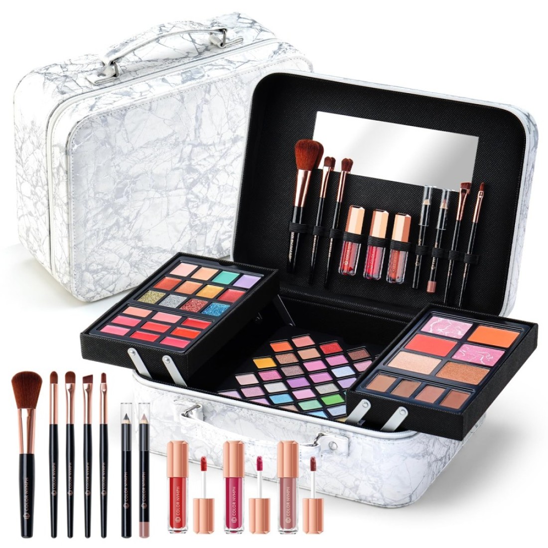 Makeup Kit for WomenAll in One Makeup Gift Set for Girls in Cosmetic Train Case White With MirrorFull Cosmetic Kit Includes Eyeshadow PaletteLipglossBlushesPencilBrush Applicators