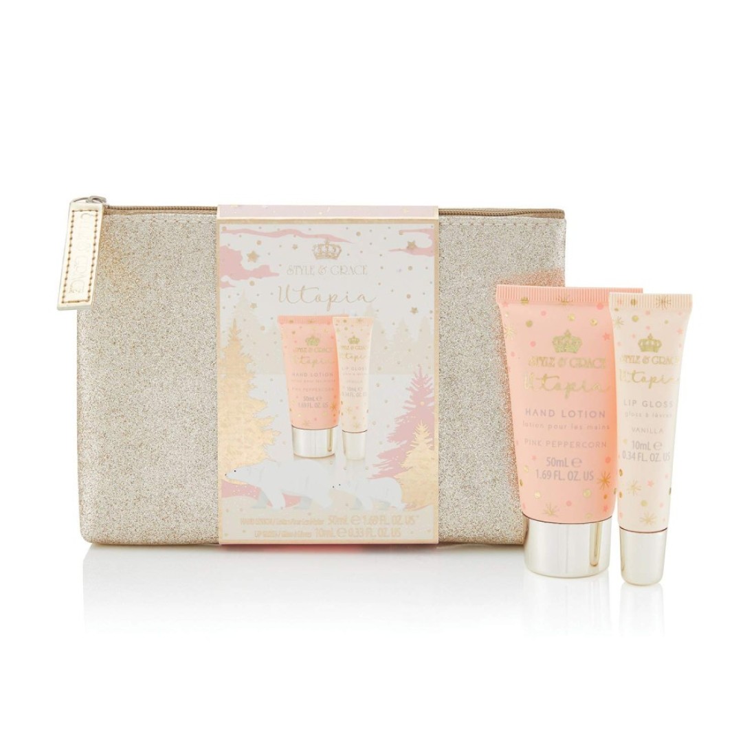 Utopia Glitter Bag Set for Women 3 Pc 17oz Hand Lotion 034oz Lip Gloss Sequin Bag