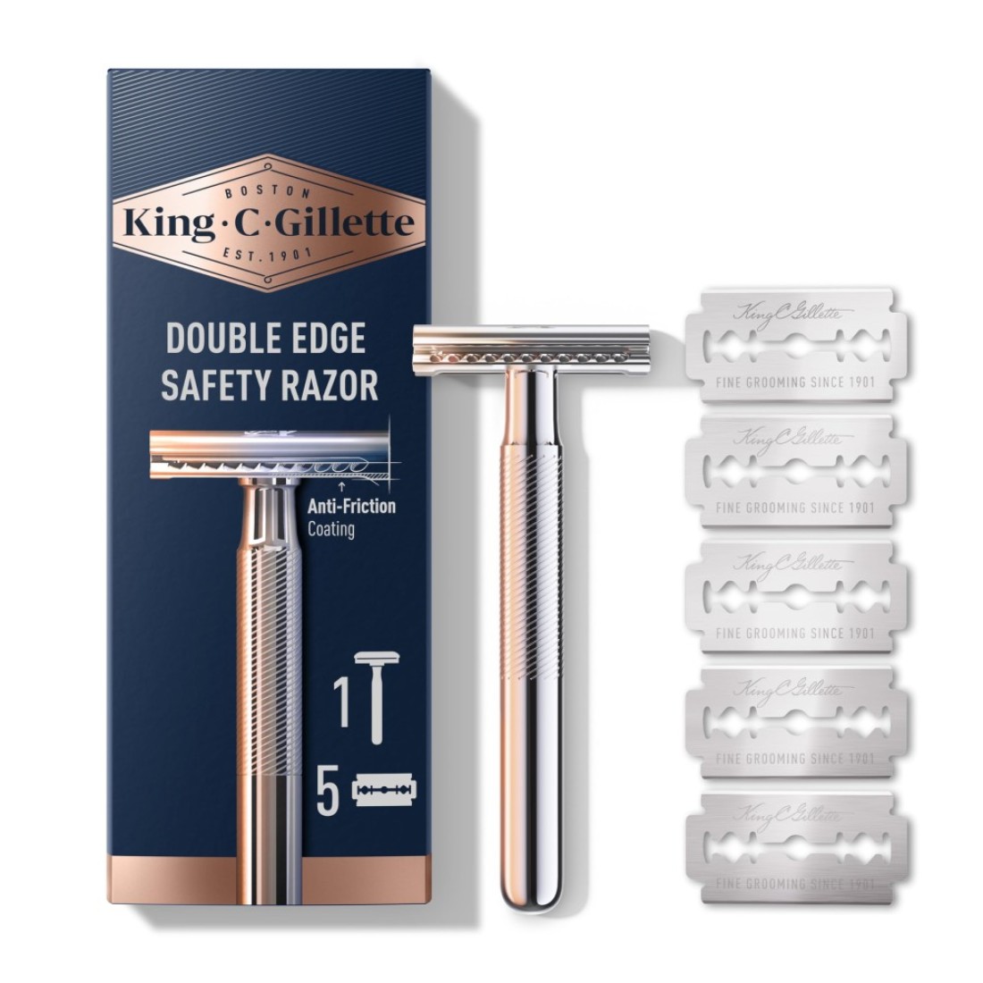 King C Gillette Safety Razor with Chrome Plated Handle and 5 Platinum Coated Double Edge Safety Razor Blade Refills