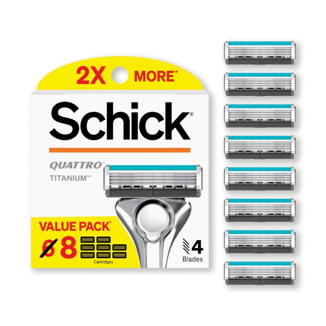 SchickQuattro Titanium Razor Refills 8ct Schick Razor Blades Refills Razor Blades for Men Shaving Blades for Men Quattro Razor Refill 4 Blade Razor Heads 8 Refills