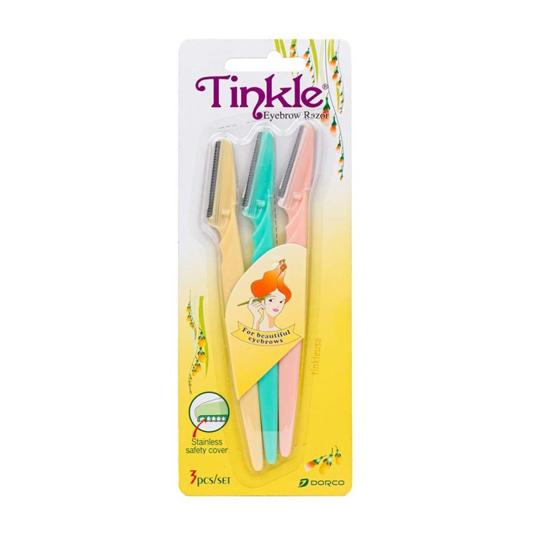Dorco Tinkle Eyebrow Razor 3 Pack Hair Trimmer Dermaplane Tool Facial Razor with Safety Cover for Fine Hair Removal Perfect Beauty Gift Gift Set Spa Day