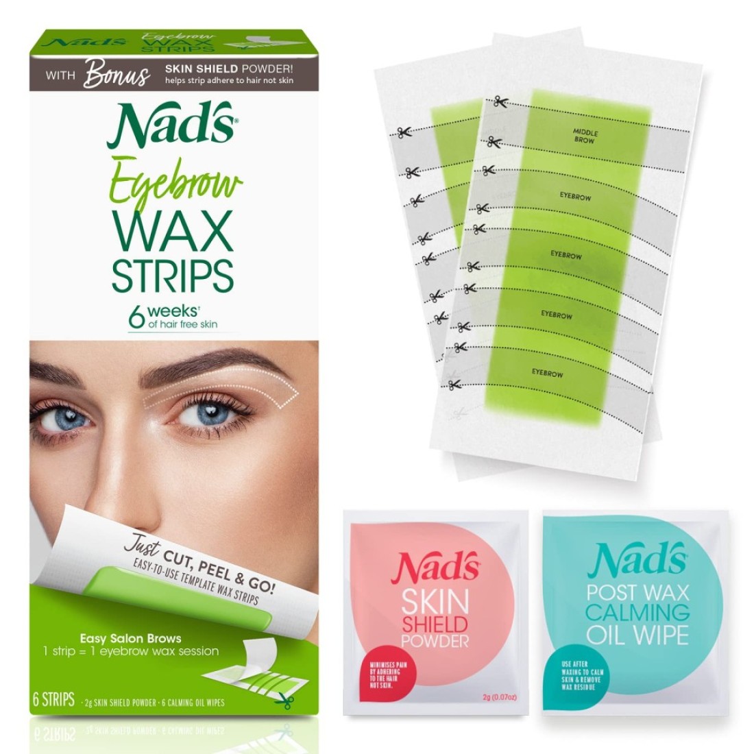 Nads Eyebrow Wax Strips Facial Hair Removal for Women Eyebrow Wax Kit with 6 Eyebrow Waxing Strips 6 Calming Oil Wipes 2g Skin Protection Powder 1 Count