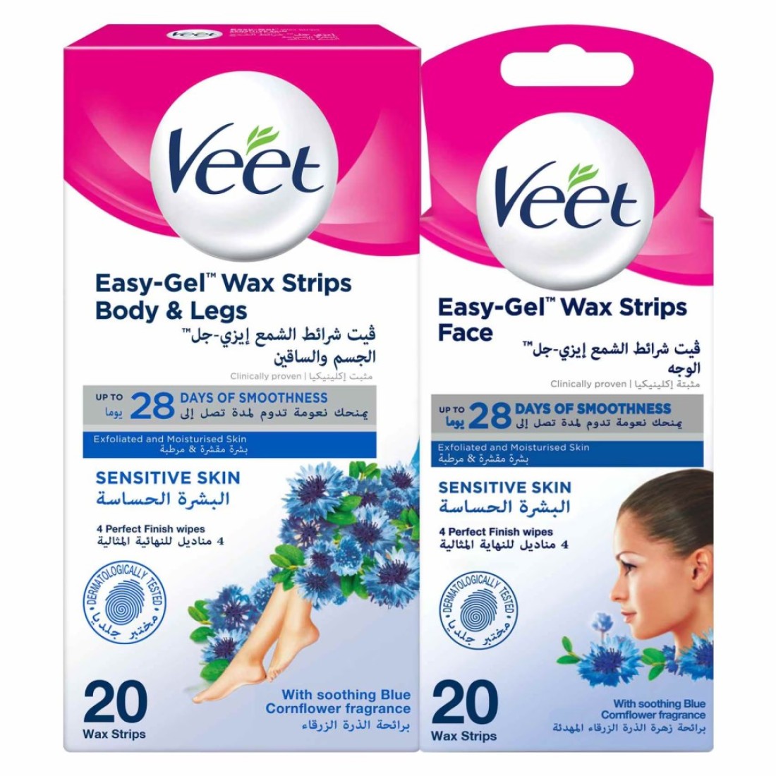 فيت إيزي جل شرائح شمعية للجسم والساقين حزمة من 20 شريطًا مع شرائح شمعية للوجه حزمة من 20 شريطًا - أبيض