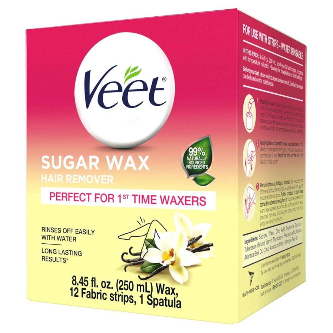 VeetSugar Wax Hair Remover Perfect for First Time Waxers Contains 12 Fabric Strips 1 Spatula with a Temperature Indicator 845 Ounce Pack of 1