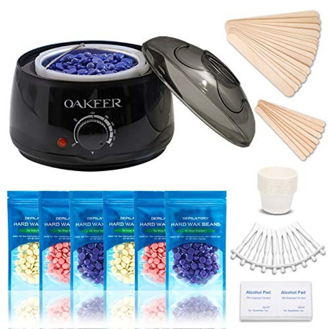 Oakeer Waxing Kit Women Men Wax Warmer Hair Removal at Home with 6 Bags Beans Body Waxing for Eyebrows Nose Cheeks Arms Bikinis Legs 62 Accessories