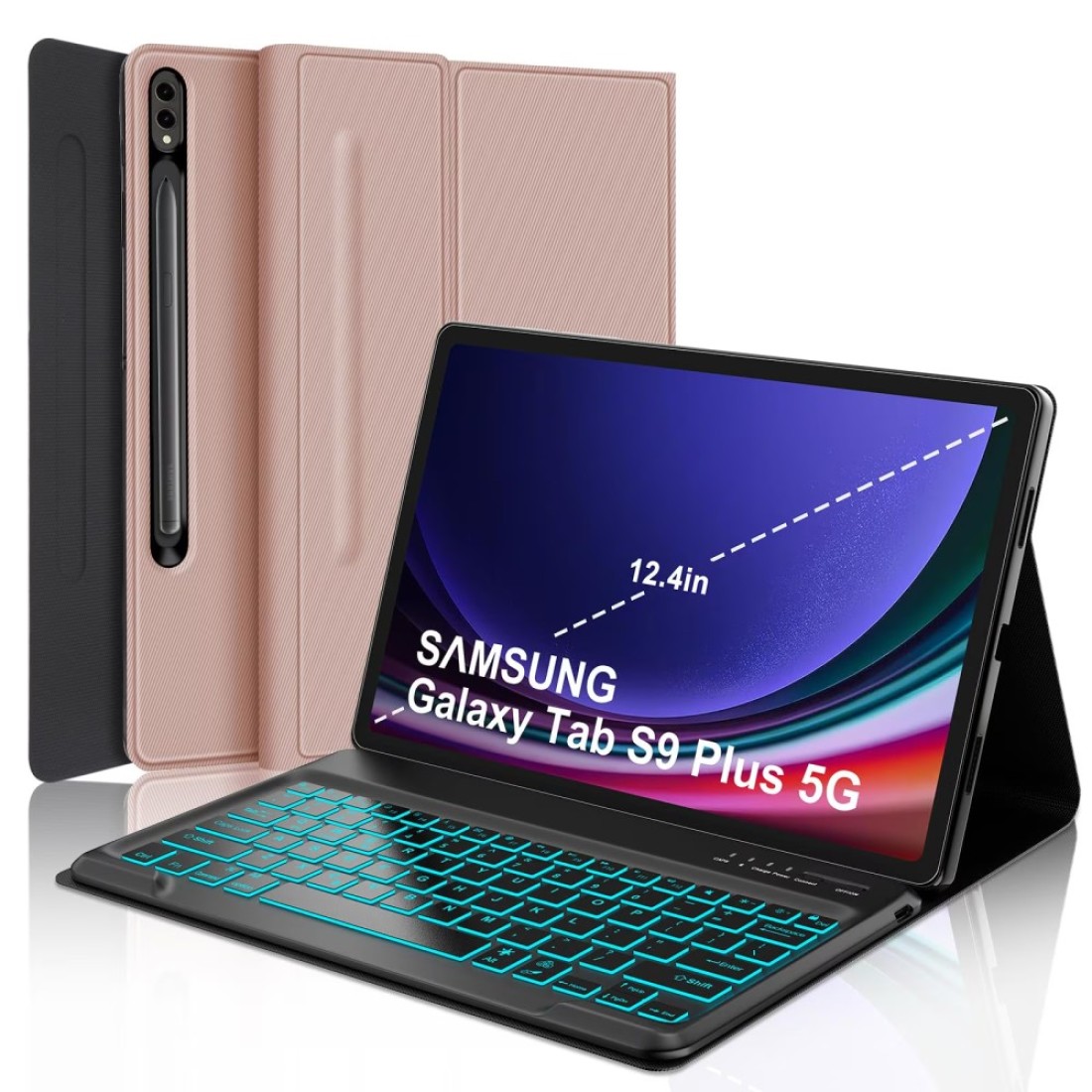 Keyboard Case for Samsung Galaxy Tab S10Plus, 12.4 inch Keyboard for S9 Plus, S9FE+ Case Keyboard with 7 Colors Backlit, Magnetic Detachable Wireless, Auto Sleep/Wake Up Smart Case (Rose Gold)