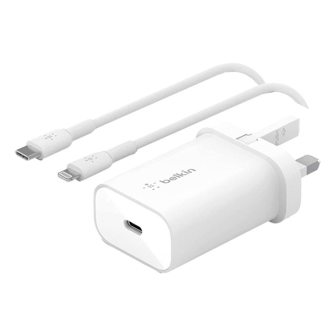 بلكين بوست شارج شاحن حائط من منفذ لايتنينغ إلى USB-C PD بقدرة 25 واط مع كابل شحن من النوع C بطول 1 متر- أبيض