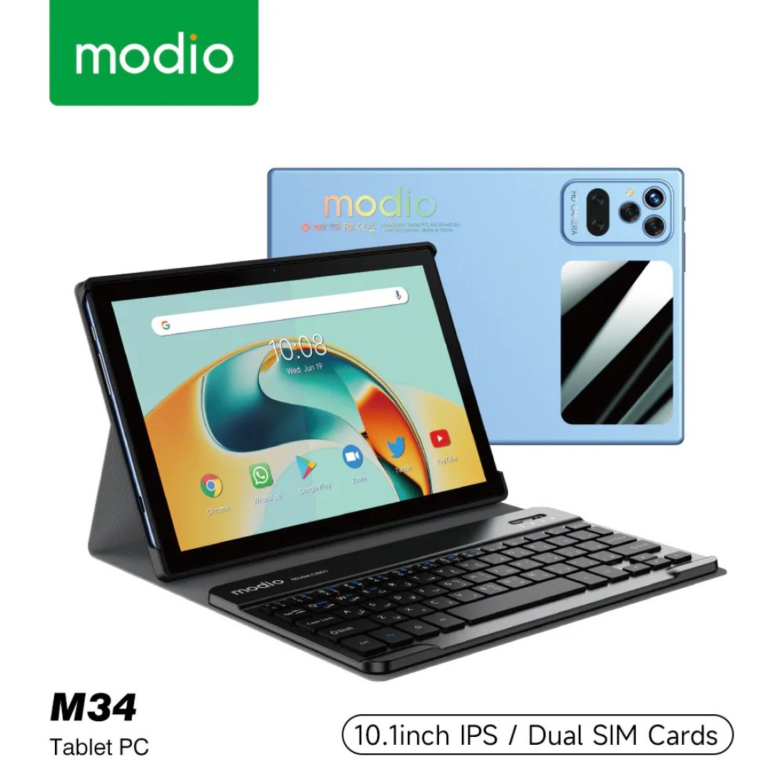 تابلت Modio M34 بشاشة 10.1 بوصة ثنائي شريحة الاتصال وذاكرة وصول عشوائي 8 جيجابايت وذاكرة تخزين داخلية 512 جيجابايت 5G مع لوحة مفاتيح وسماعة وقلم رقمي وغطاء خلفي
