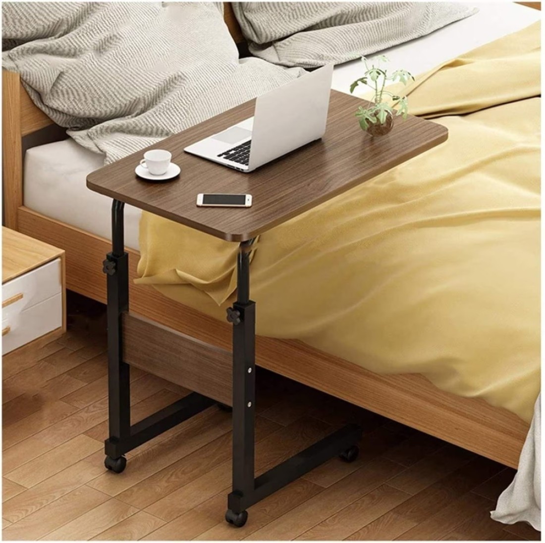 Snack Side Table, Mobile End Table Height Adjustable Bedside Table Laptop Rolling Cart C Shaped TV Tray with Storage Shelves for Sofa Couch