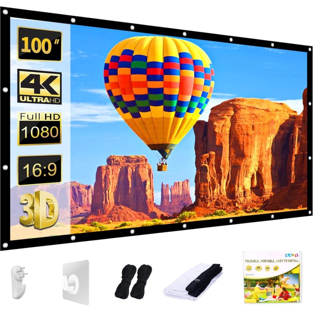 AAJK Projection Screen 100 inch Washable Projector Screen 169 Foldable AntiCrease Portable Projector Movies Screen for Home Theater Outdoor Indoor Support Double Sided Projection