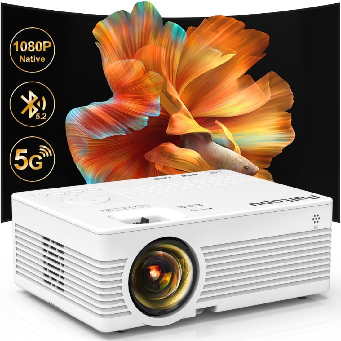 【4K Projector】Faltopu Native 1080P Projector, 500ANSI Projector with 5G WiFi and Bluetooth, Full HD Outdoor Projector, 300&#39;&#39; Mini Portable Movie Projector Compatible with with Android/iOS/Windows