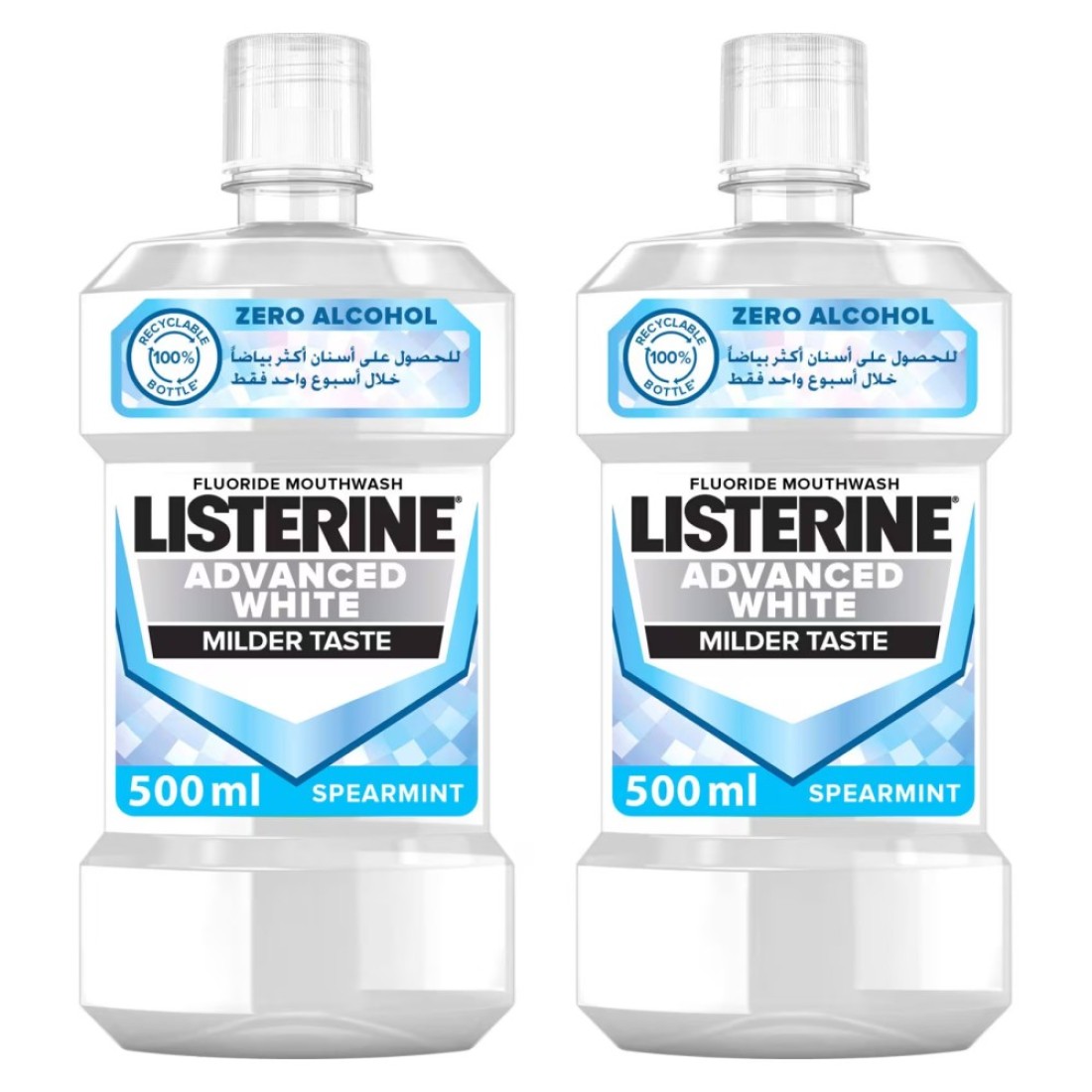 Listerine Zero Alcohol Advanced White Milder Taste Fluoride Mouthwash Spearmint 500ml Pack of 2