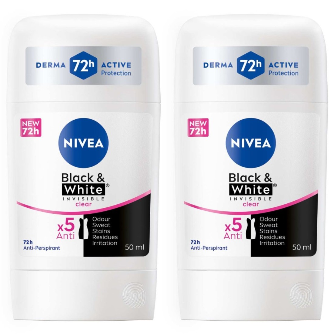 NIVEA Black &amp; White Invisible Antiperspirant Deodorant Stick for Women, Clear, 72H Active Protection, 50ml, Pack of 2