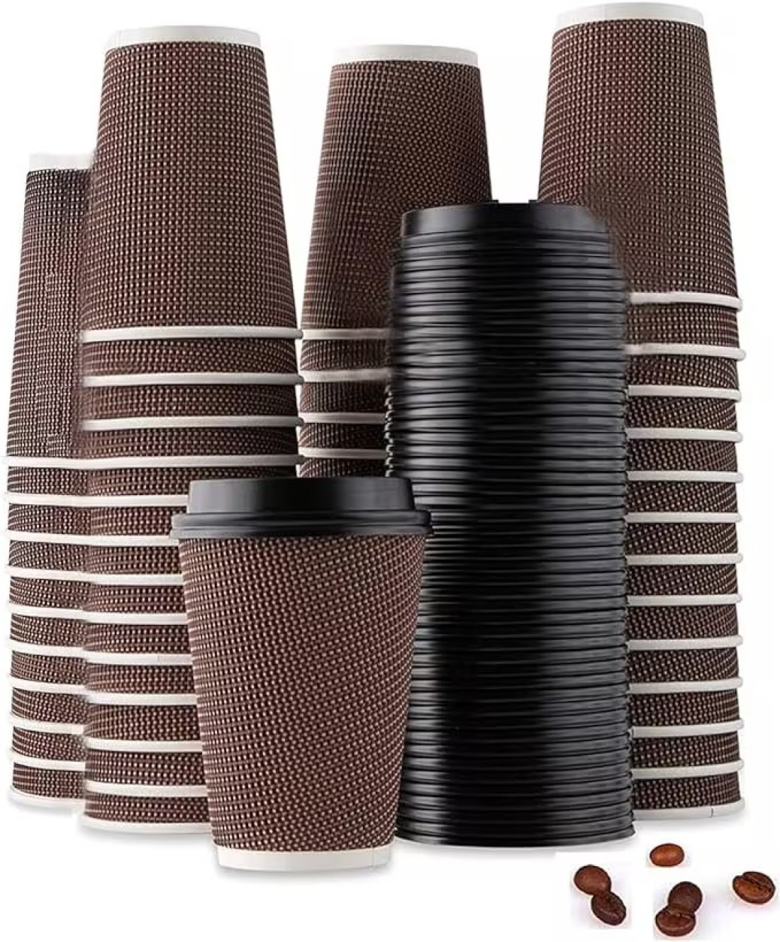 YESOCEA- Drinking Glass&mdash;50 Disposable Coffee Cup Insulation Spiral Embossed Paper Cups With Lids (8 oz, Brown Cups With Lids)