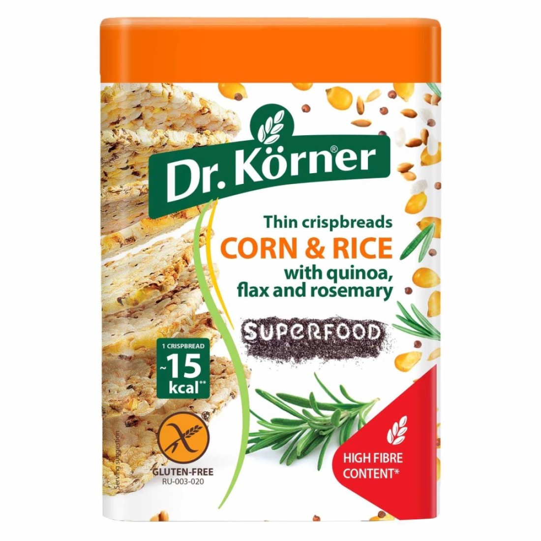 Dr. Korner Corn and Rice Thin Crispbreads with Quinoa Flax and Rosemary Superfood 100g