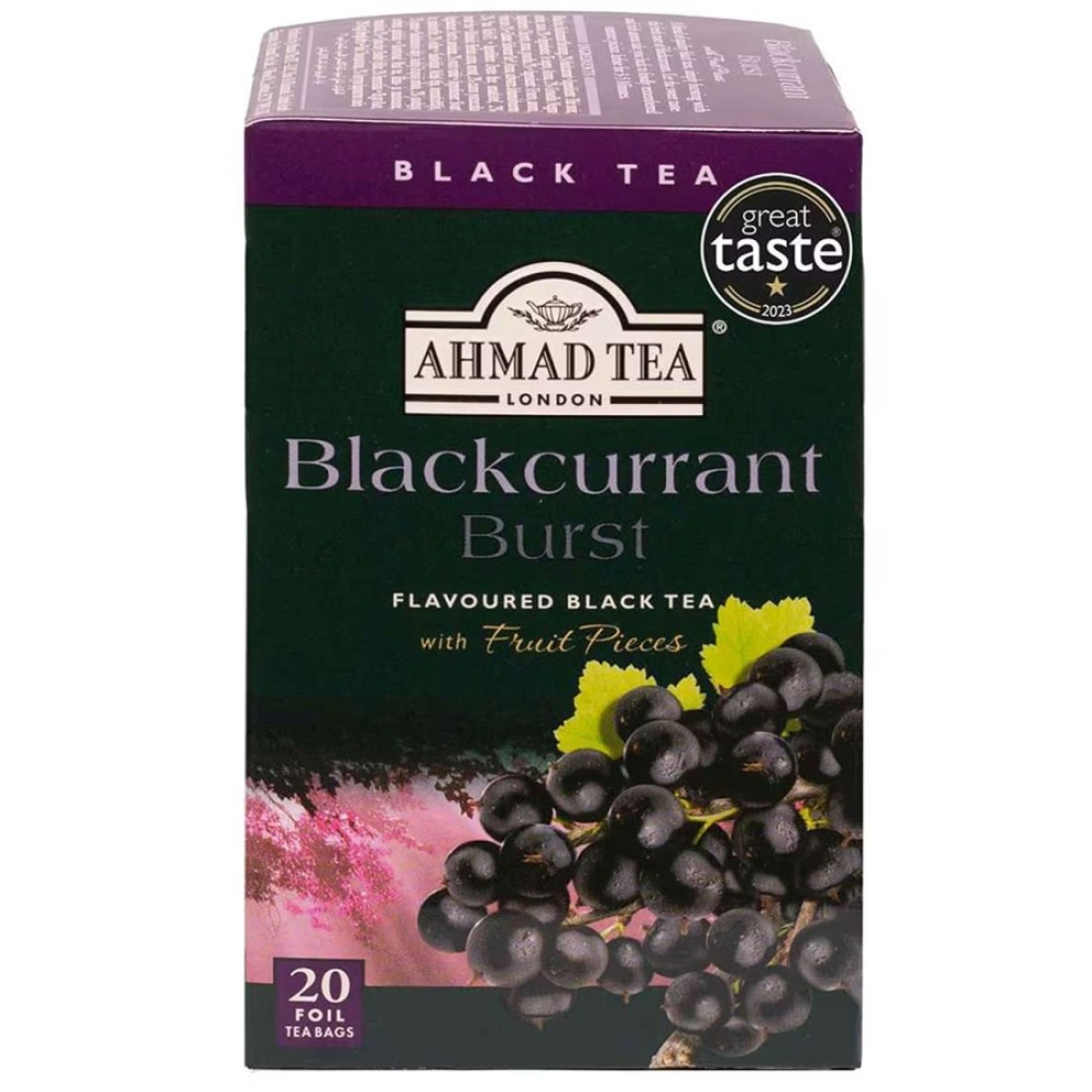 Ahmad Tea Blackcurrant Burst Flavoured Black Tea with Fruit Pieces Tea Bags 20 Tea Bags