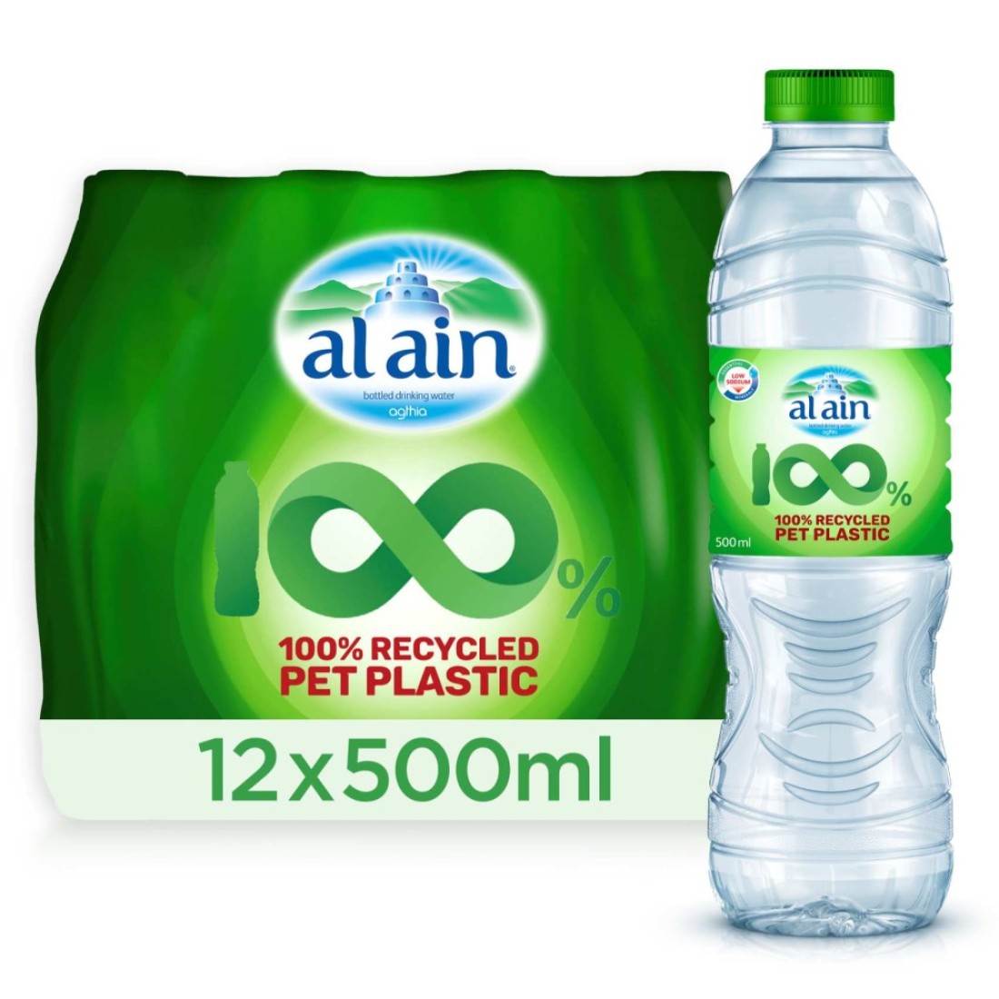 Al Ain Low Sodium Drinking Water Recycled Pet Plastic Bottle 500ml Pack of 12