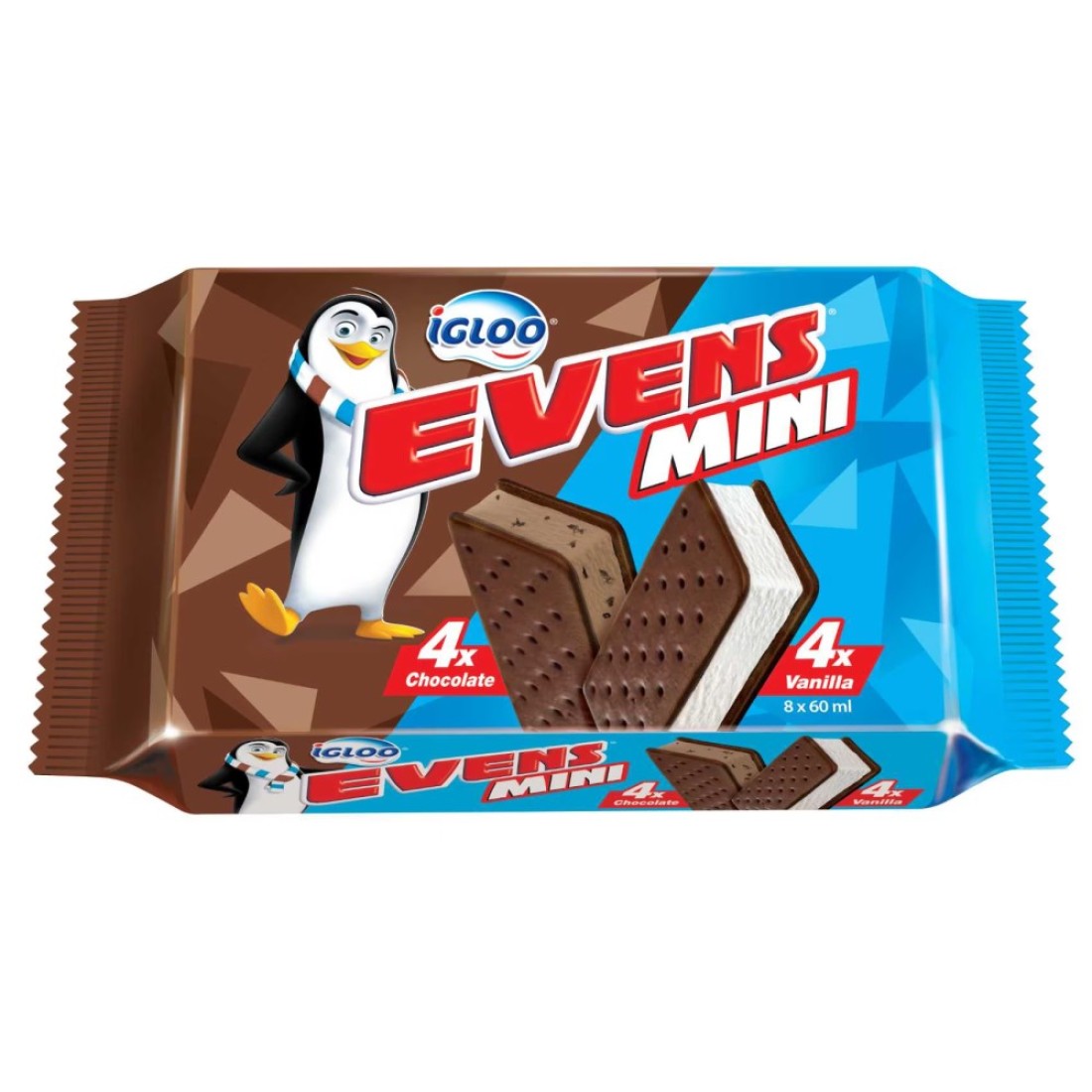 Igloo Evens Mini Chocolate Sandwich Ice Cream and Evens Mini Vanilla Sandwich Ice Cream, 65ml Pack of 6