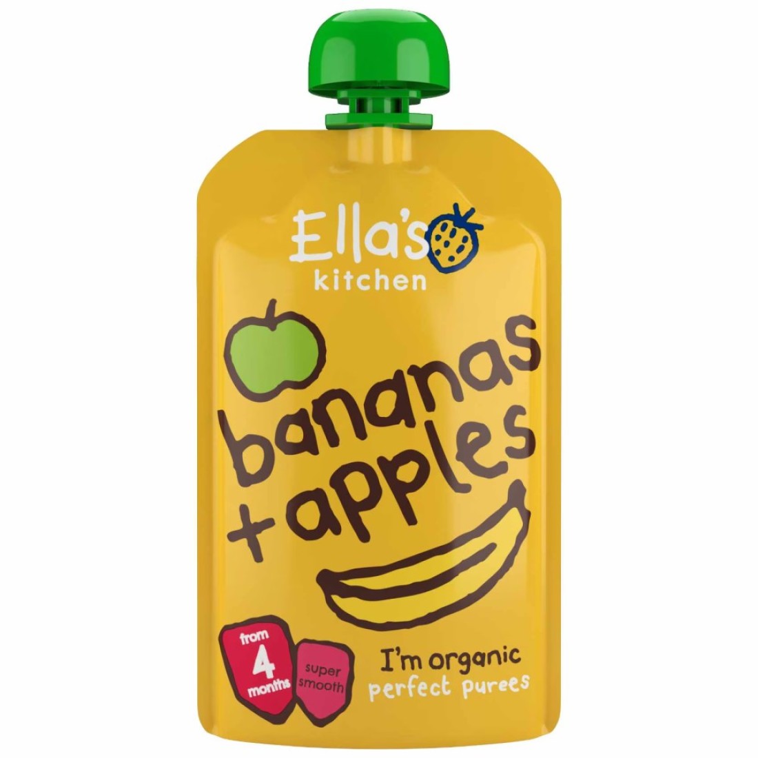 Ella&#39;s Kitchen Gluten Free Dairy Free Organic Super Smooth Bananas and Apples Puree Baby Food, 4 Months+, 120g