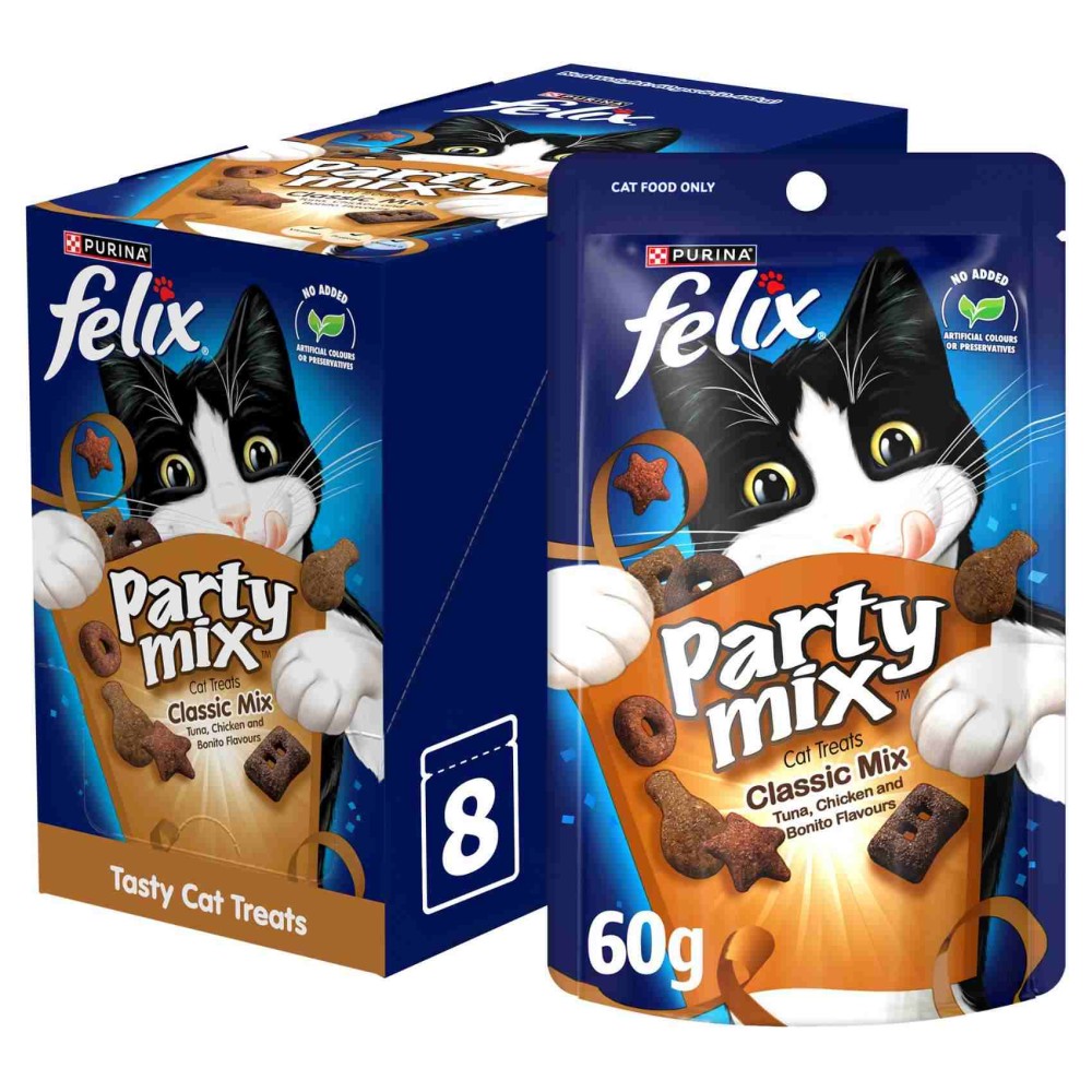 Purina Felix Party Mix Classic Mix Dry Cat Treats, 60g Pack of 8
