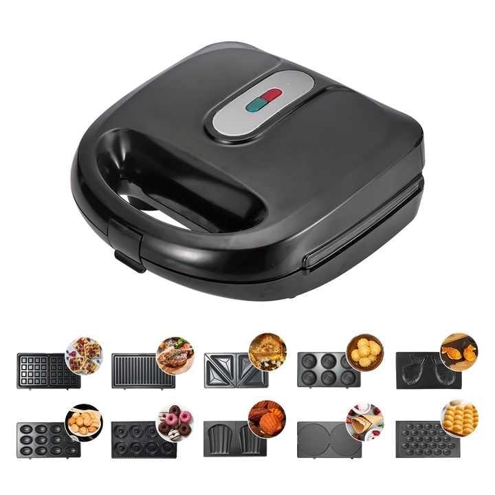 Sprintee 10 in 1 Sandwich Maker 750W Multi Function Machine with Changeable Plates for Waffle, Grill, Donut, Sandwich, 5 Cookie Designs, Nut Shapes, & Cone Maker Non Stick Coating