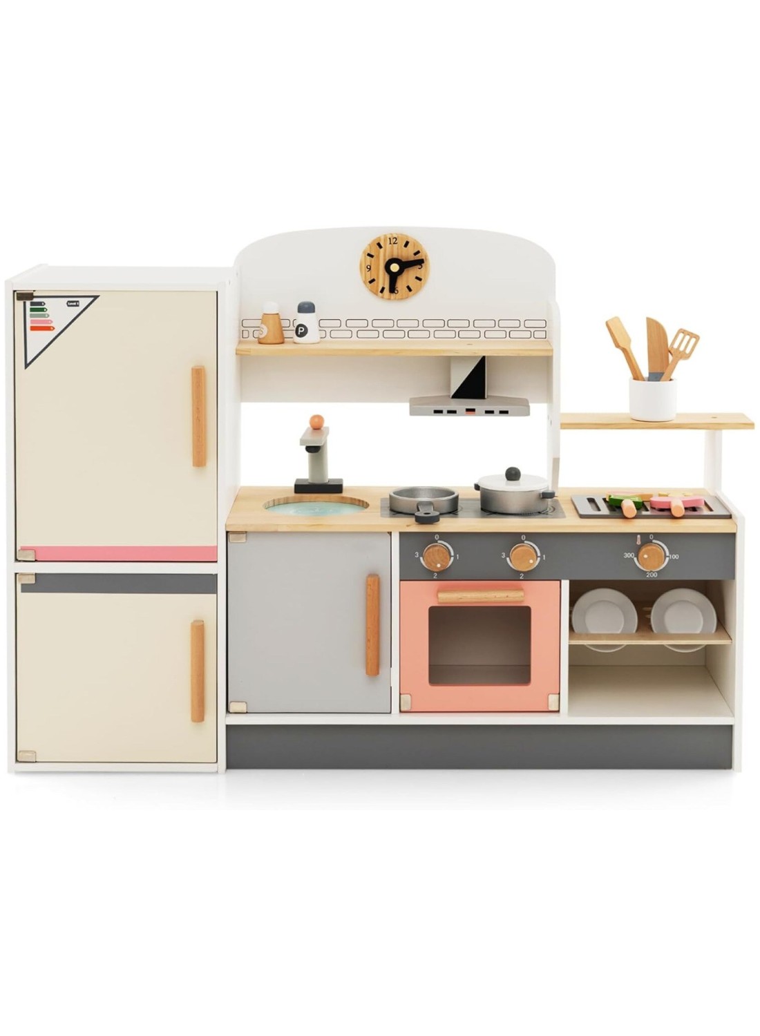 3-in-1 Wooden Kids Kitchen Playset &ndash; Natural Pretend Toy Kitchen with Refrigerator, Barbecue Grill, Range Hood, and Bowl Rack for Toddlers Little Chef Play Set