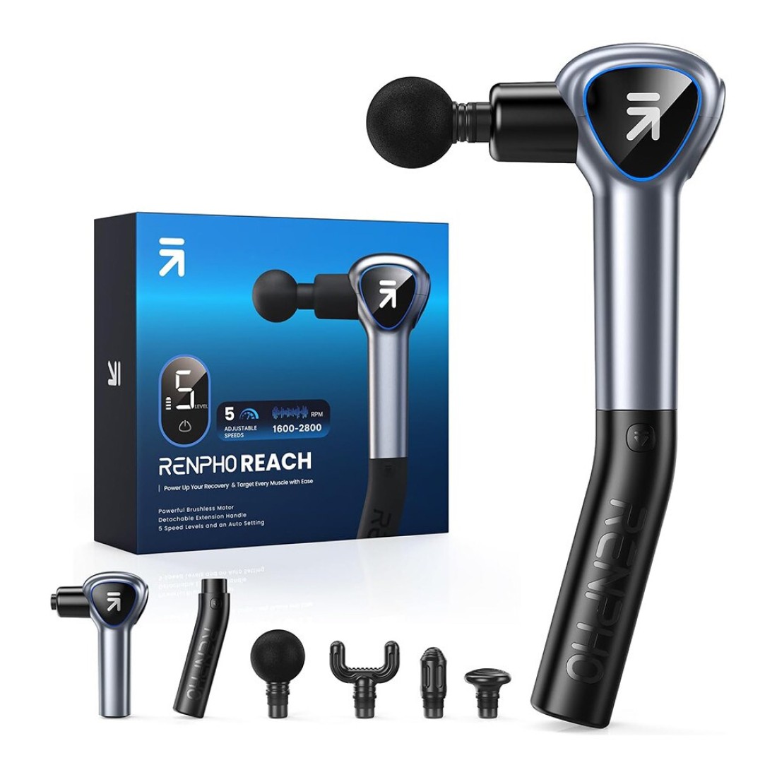 Muscle Massage Gun with Removable Handle, RENPHO Reach Massage Gun, 5 Speed, 4 Massage Heads, 2 in 1 Deep Tissue Hand Massager