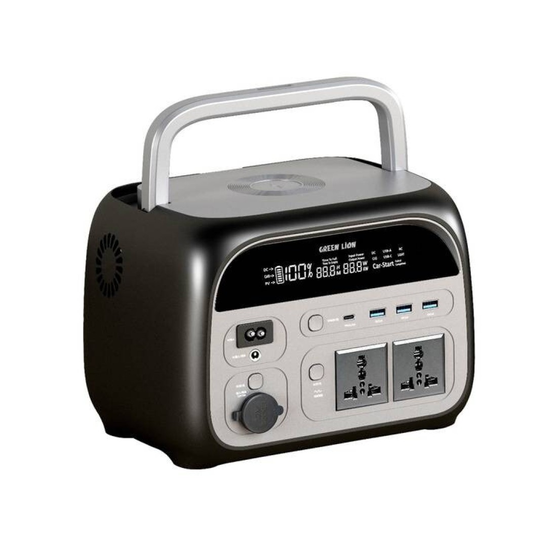 محطة طاقة محمولة جرين لايون 72000mAh، بطارية 230Wh، طاقة 500-600W، مخرجات AC، USB-A، Type-C، شحن لاسلكي، ضوء LED، أسود
