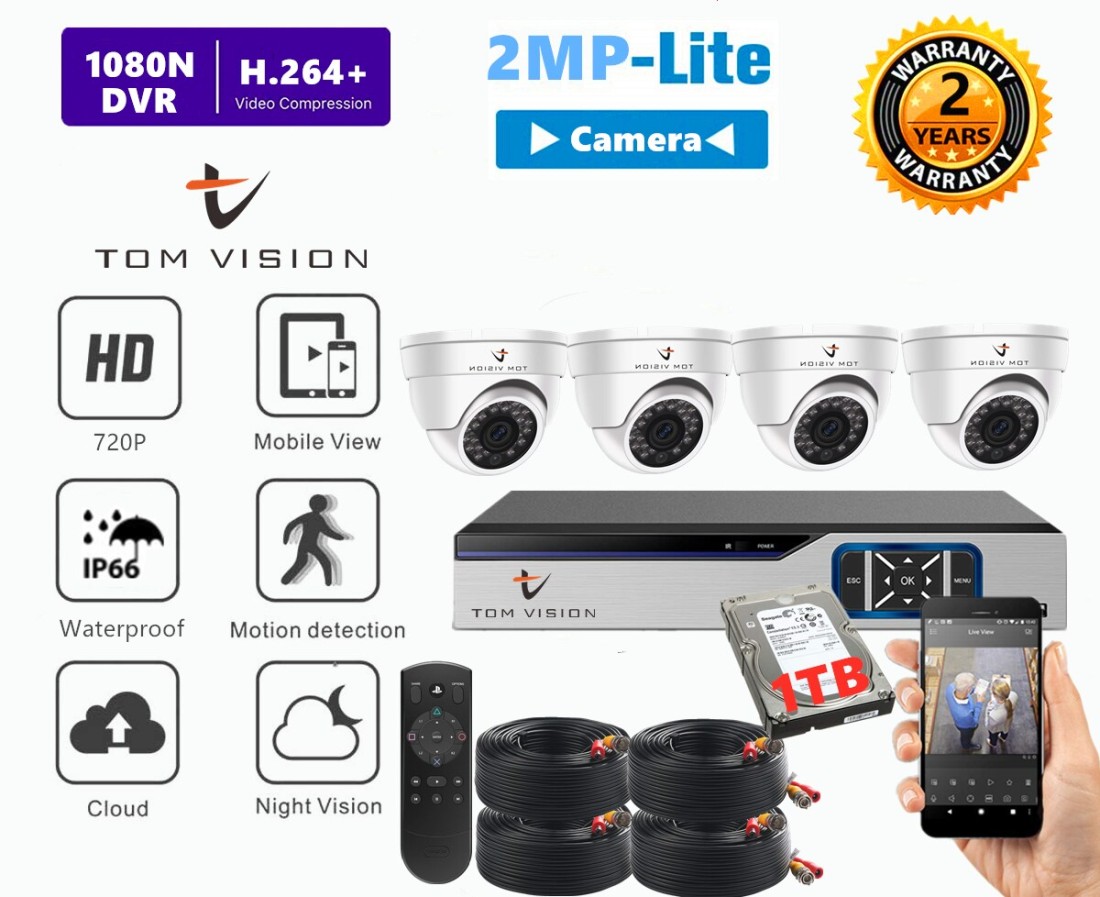 Tomvision - 4Channel AHD Camera KIT with 1TB Hard Disk 2Megapixels/720P CCTV Security Recording System CCTV Kit 4Pcs Indoor Dome Camera and P2P Cloud Alarm System Home Security (4Channel(1TB), 4Indoor)