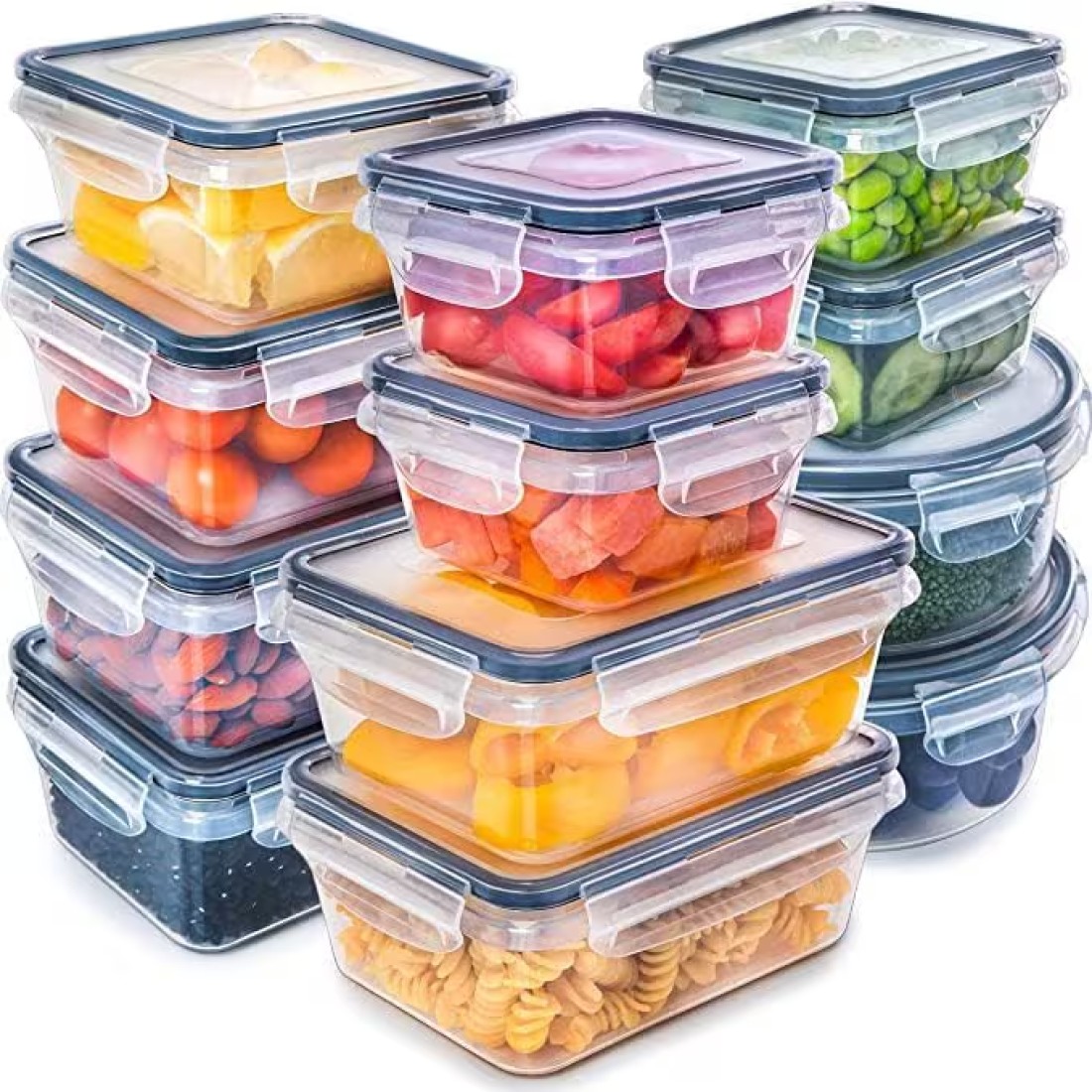 MahMir&reg; Airtight Meal Prep Container Set with Locking Lids, 12pcs Re-usable Plastic Food Storage Containers, Stackable Kitchen Organizer Boxes, BPA Free &amp; Microwave Freezer Dishwasher Safe (12pcs Set)