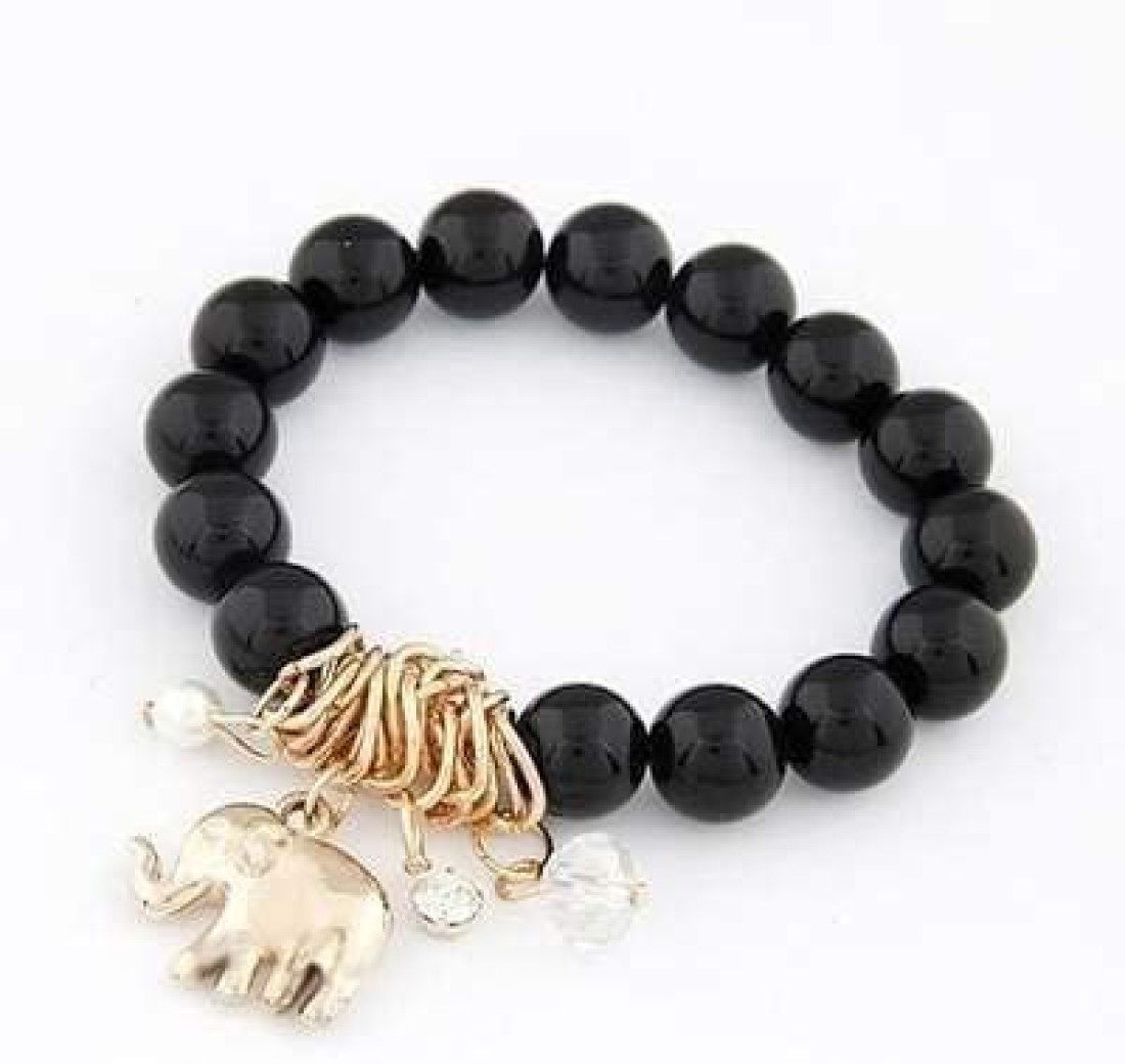 Generic Good Luck Elephant Charm Bangle Cuff Yellow Golden Bracelet Black Beads