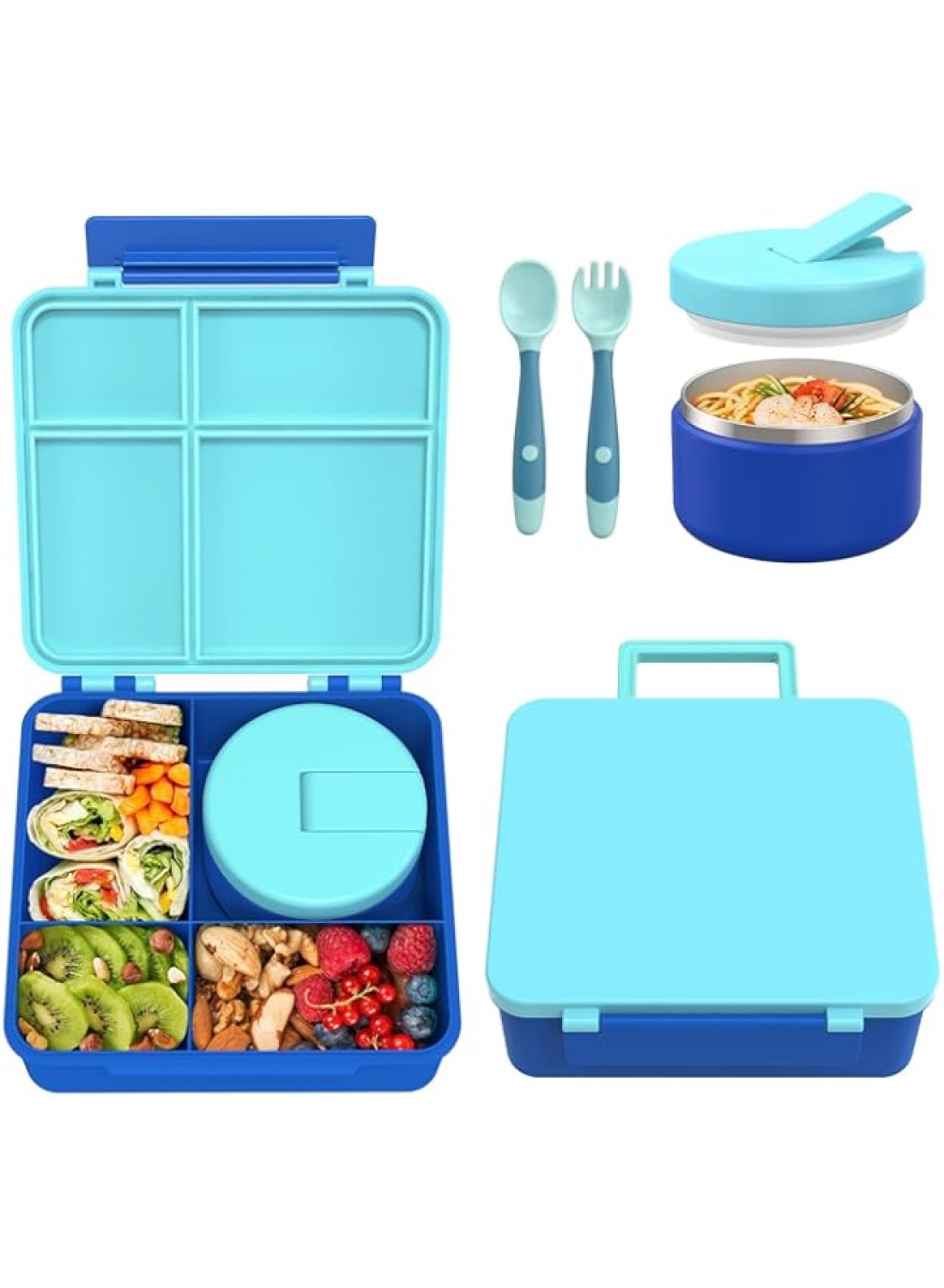 Pawtong Bento Lunch Box with 8oz Soup Thermo, Kids Leakproof Lunch Food Containers with 4 Compartment, Kids Thermo Insulated Hot Food Jar for School, Trvael（Blue
