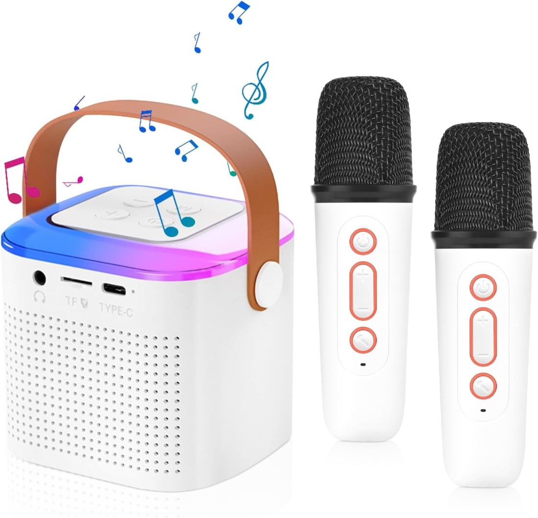 Portable Bluetooth PA Speaker System with 2 Wireless Microphones, 20W Singing Machine for Adults and Kids, Karaoke Speaker with Echo Effects