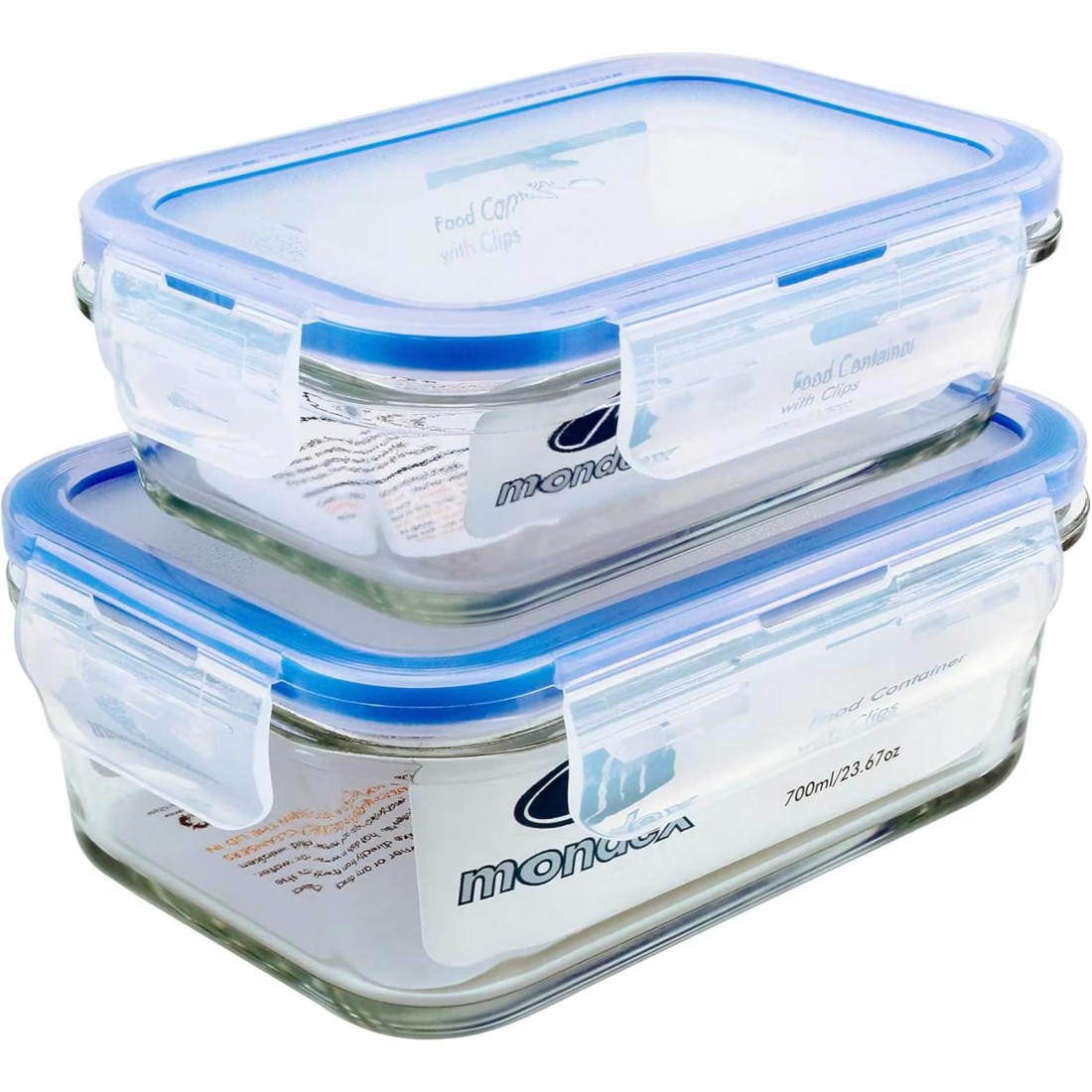 Mondex Glass Food Container With Clips Clear/Blue 350ml+700ml 2 PCS
