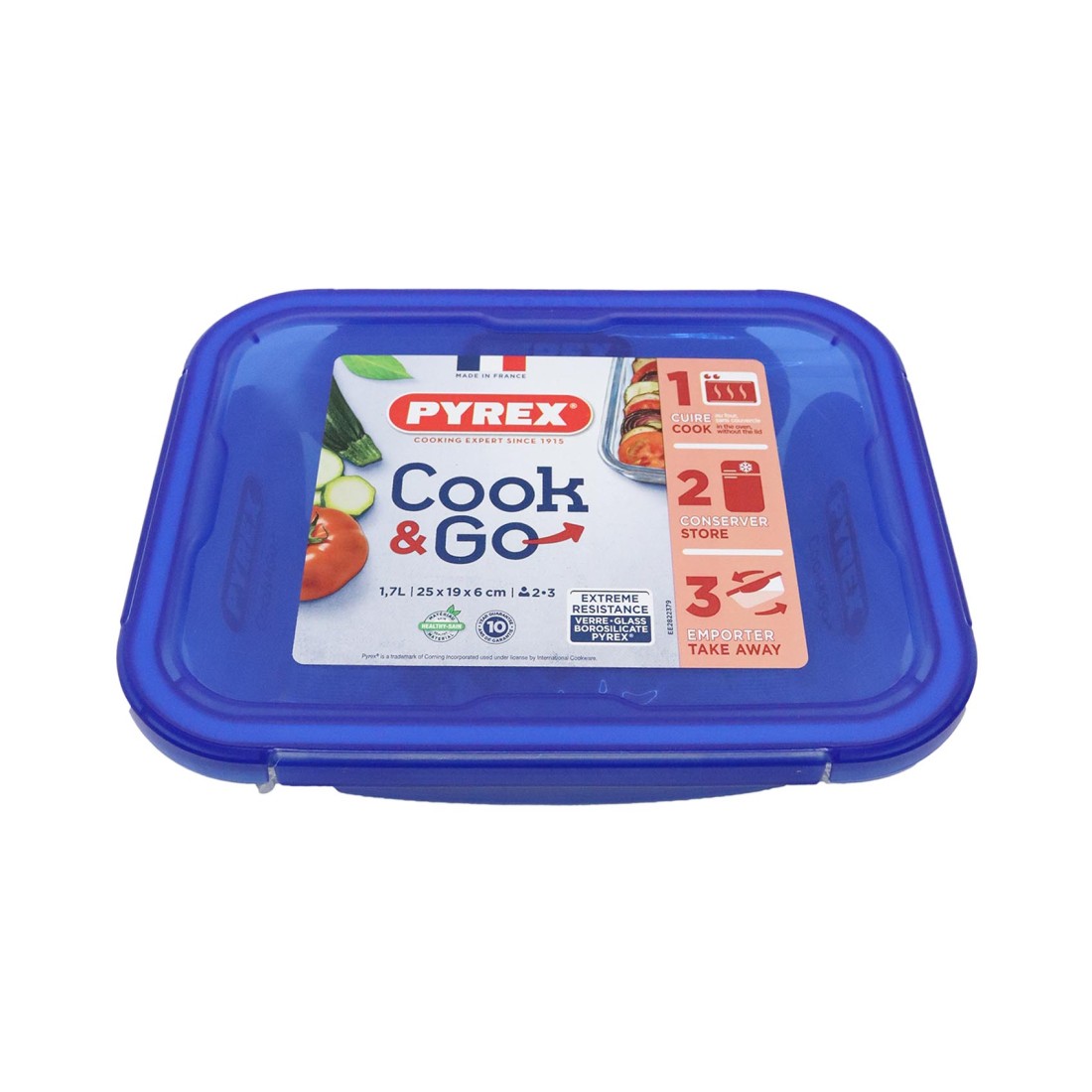 Pyrex Cook &amp; Go Rectangular Food Container With Lid Clear/Blue 1.7L