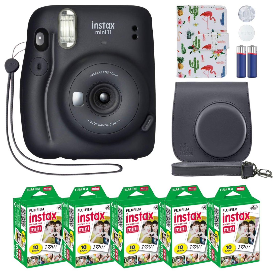 Fujifilm Instax Mini 11 Instant Camera Charcoal Gray + MiniMate Accessory Bundle &amp; Compatible Custom Case + Fuji Instax Film Value Pack (50 Sheets) Flamingo Designer Photo Album