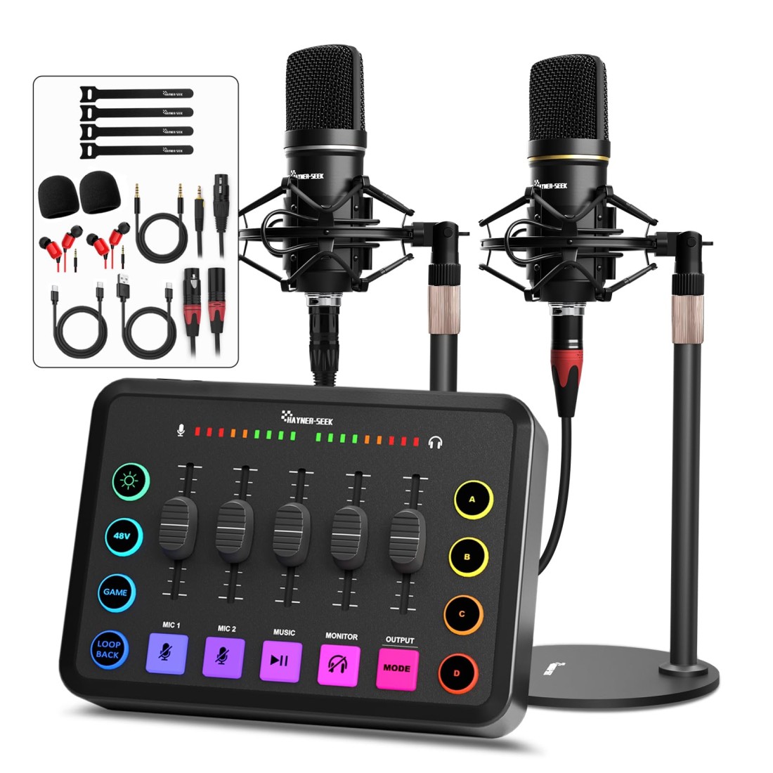Podcast Equipment Bundle for 2, Audio Interface with XLR Condenser Microphone, and 3.5mm Mic,RGB, Mute,48V Phantom Power for Streaming,Gaming,Recording-Black