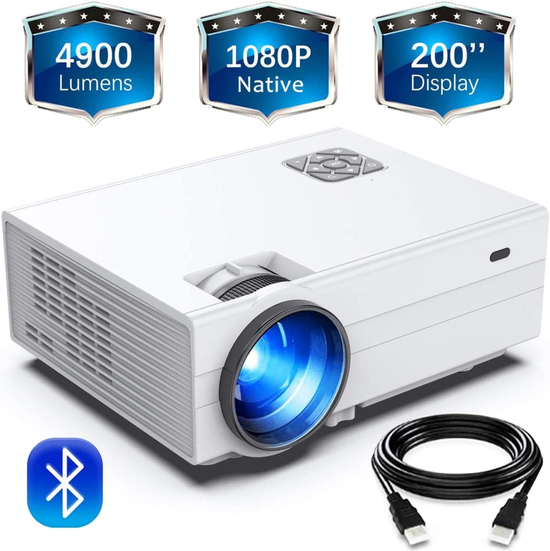 FunLites &nbsp; Bluetooth 1080P Projector,+80% Brightness Video Projector with 200&quot; Display 60,000 Hrs Led Home Theater Projector,Native 1080P Compatible with Fire TV Stick,PS4, HDMI, VGA, AV and USB