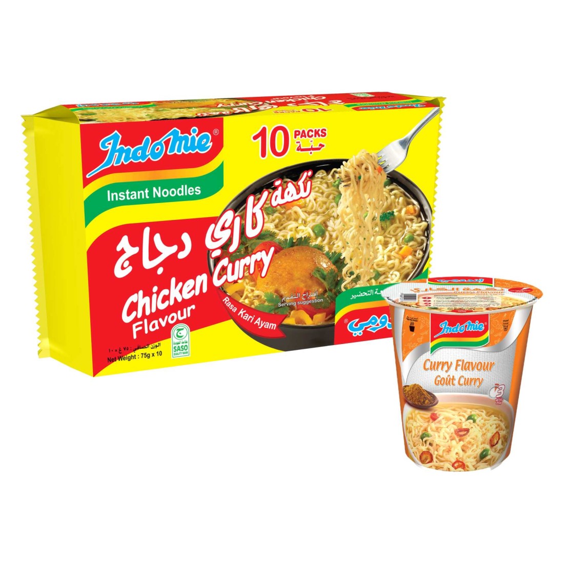 Indomie Chicken Curry Instant Noodles Halal 75g Pack of 10 + Curry Cup Noodles 60g