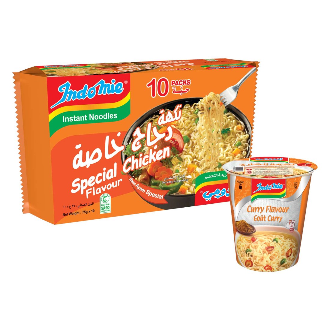 Indomie Instant Noodles Special Chicken Flavor Halal 75g Pack of 10 + Curry Cup Noodles 60g