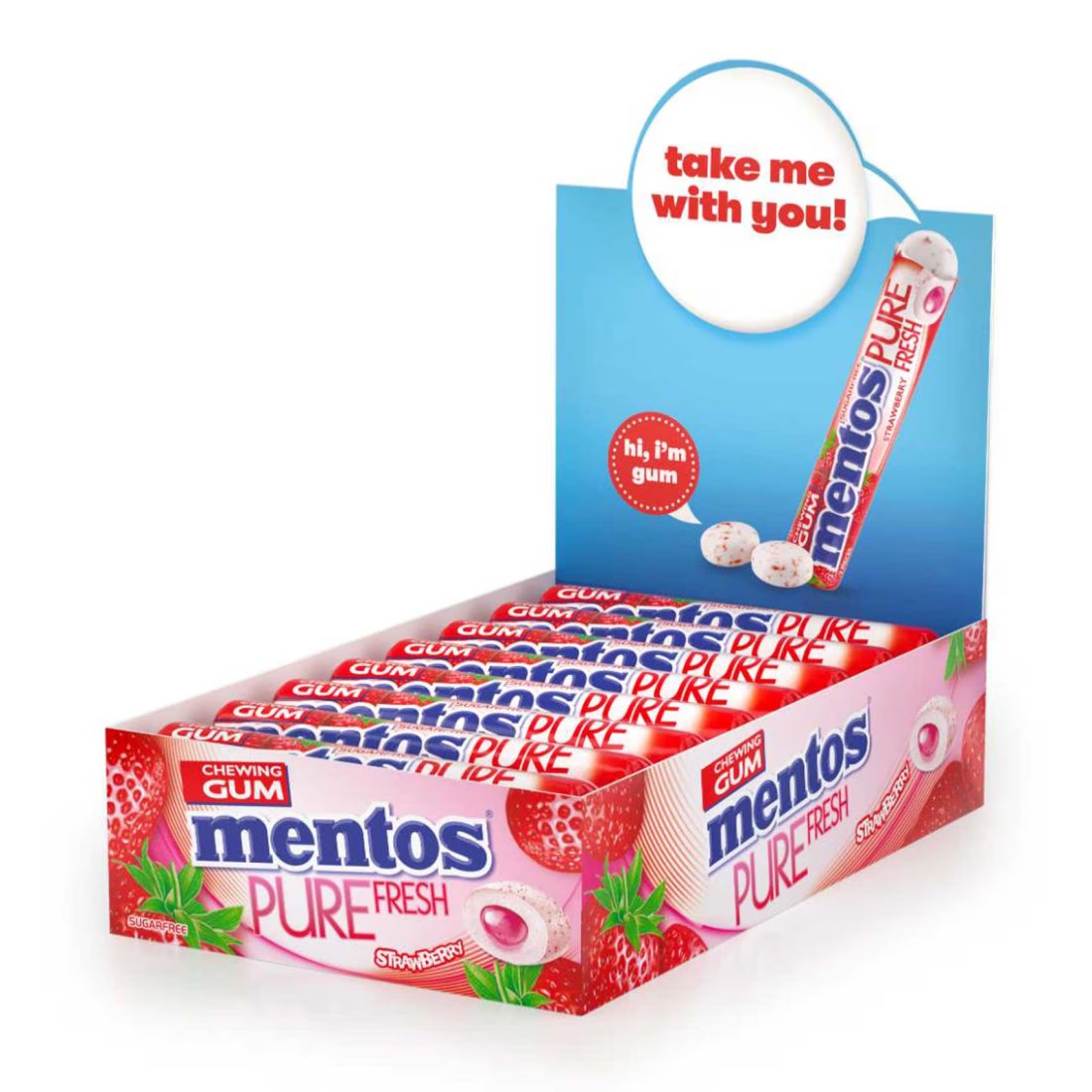 Mentos Pure Fresh Sugar Free Chewing Gum Strawberry Flavour Rolls, 15.75g Pack of 16