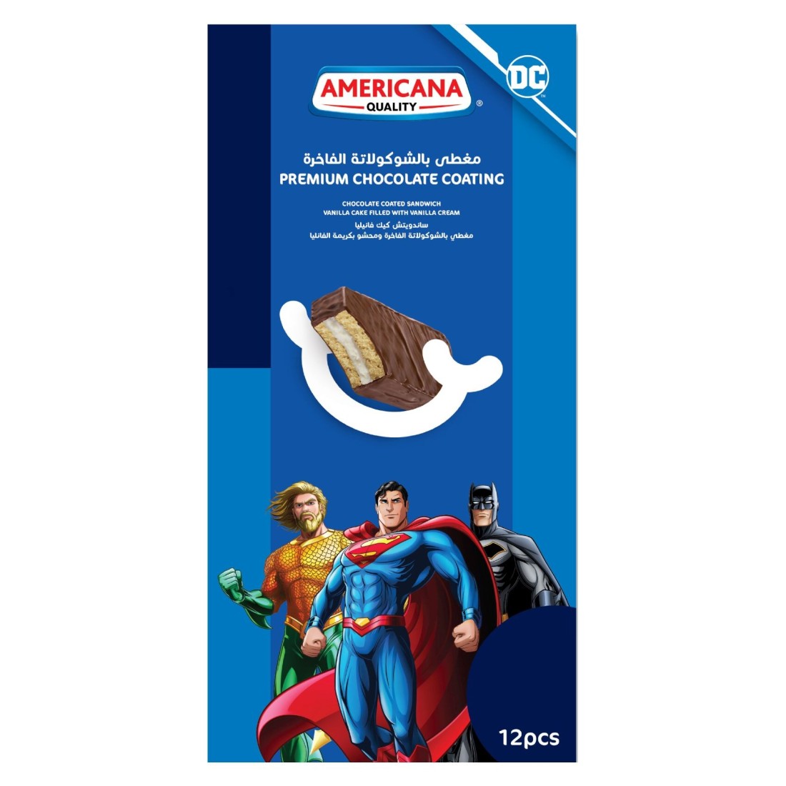 Americana DC Spiderman Premium Chocolate Coating Sandwich Vanilla Cake Filled With Vanilla Cream 35g Pack of 12